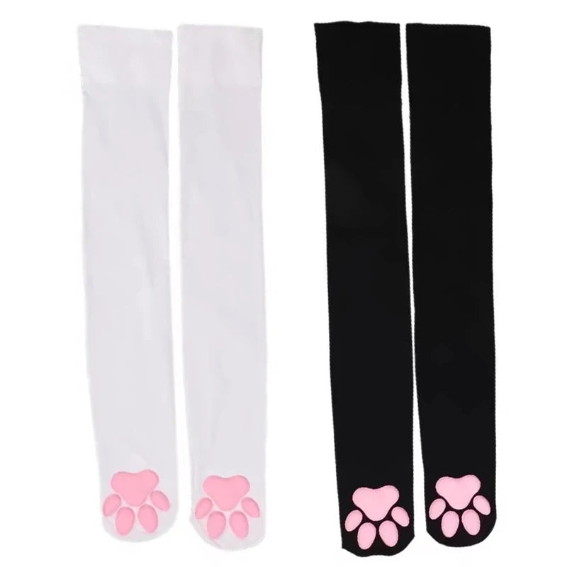 3D Cat Paw Thigh High Transparent Stockings Japanese Style Cute Pink Paw Print Sheer Tights Kawaii Lolita Cosplay Long Socks