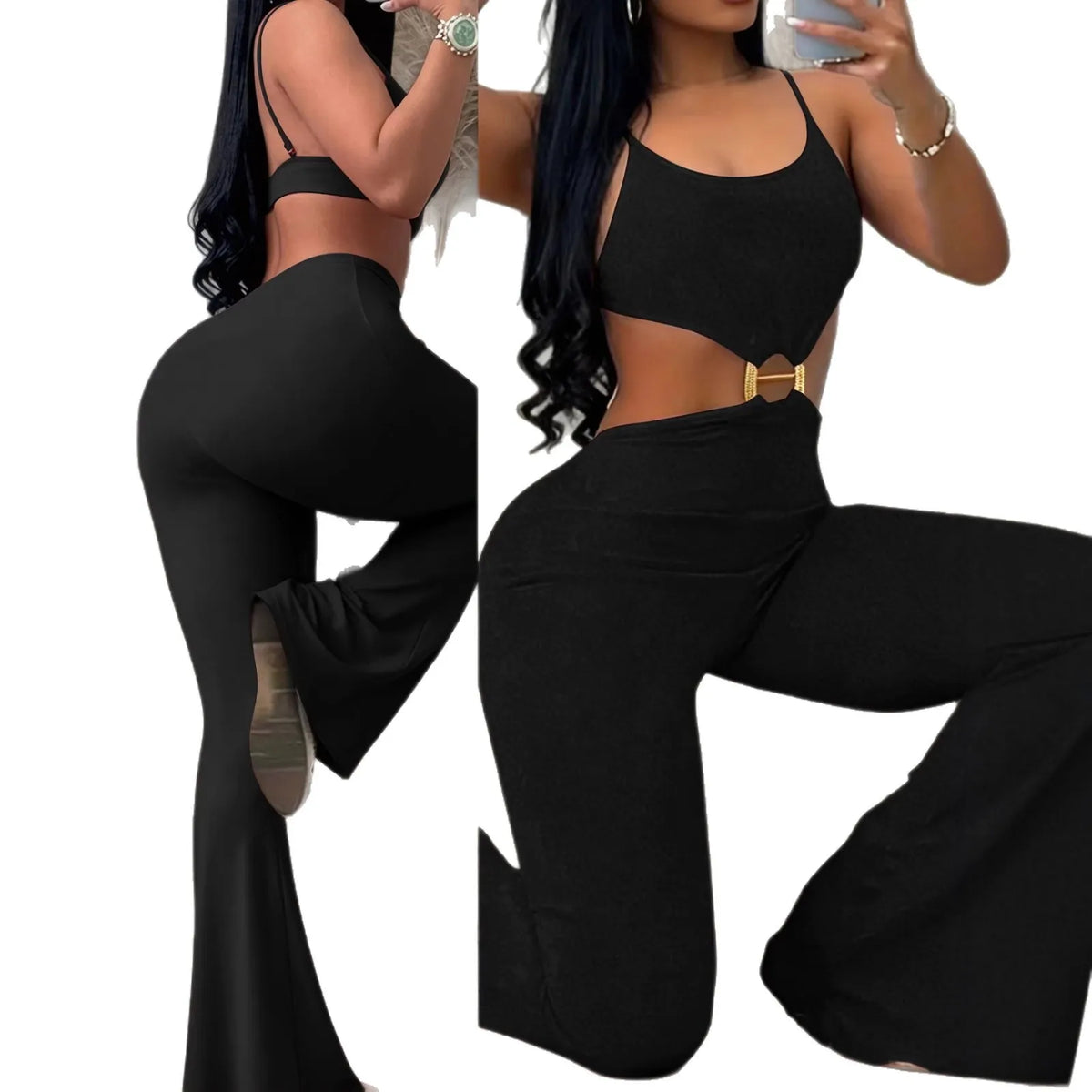 Summer Woman Jumpsuit Red Backless Jumpsuits High Waist Flared Leg Women's Elegant Romper Black Cut Out Waist Long Jumpsuit
