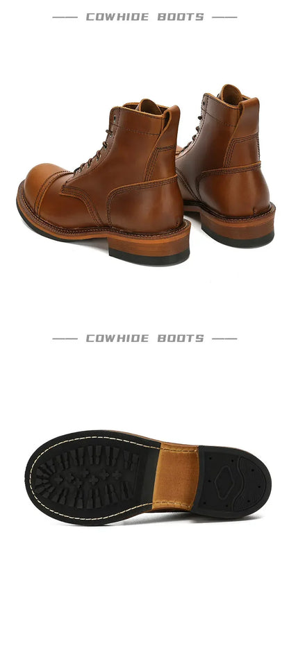 Retro Short Face Men's Winter Wear-resistant Top Layer Cowhide Short Motorcycle Boots