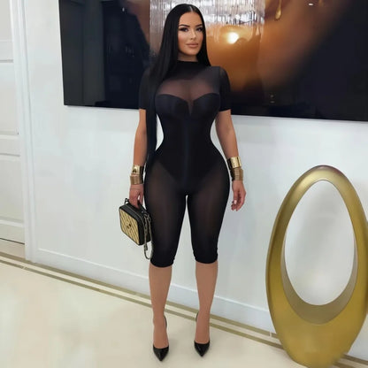 FLARORA Sexy Mesh See Through Rompers Woman Trend O Neck Short Sleeve Skinny Peach Hip Playsuits Stretch Midnight Party Clubwear