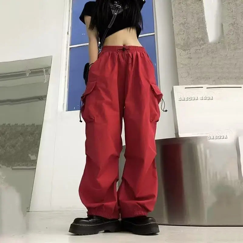 American High Street Summer Loose Straight Parachute Pants Men Solid Elastic Waist Pocket Casual Motion Wide Leg Cargo Trousers