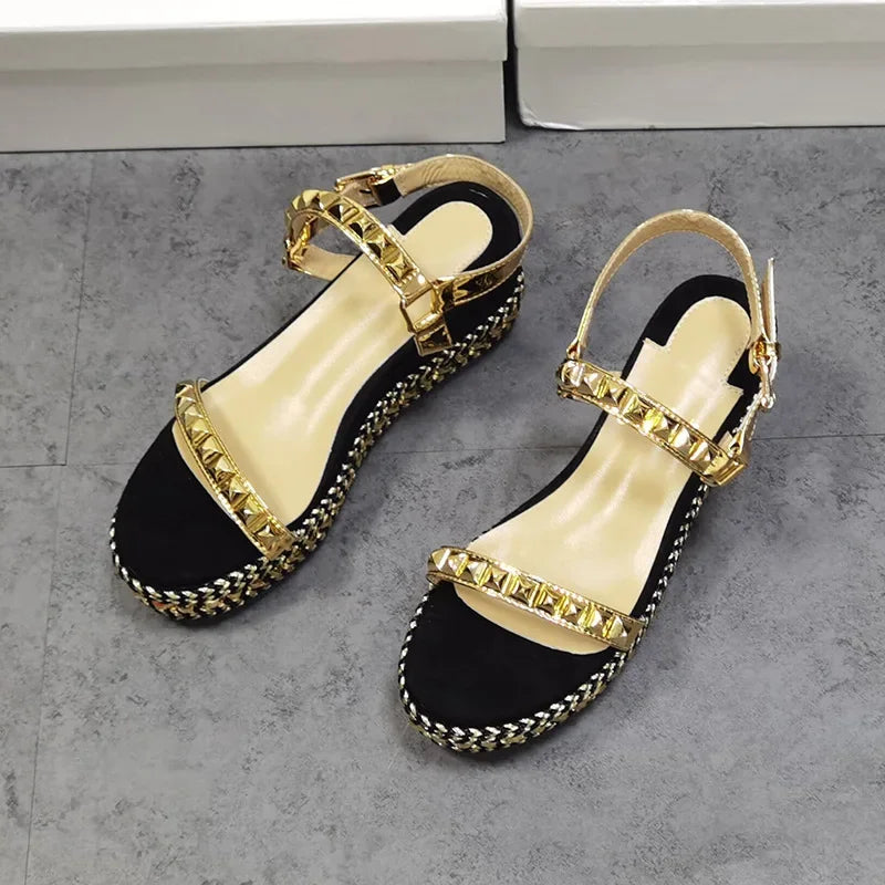Rivet Platform Women Sandals Chunky Thick High Heels 5CM Waterproof Open Round Toe Golden Patchwork Summer Luxury Fashion Style
