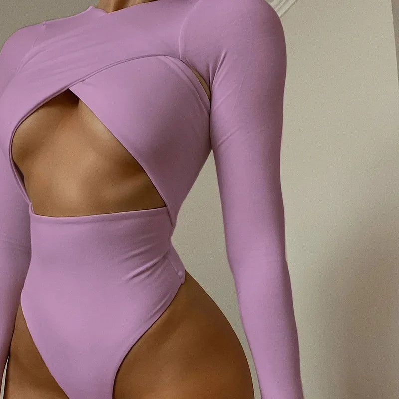 Summer New Women's Jumpsuit Solid Color Cross Hollow Long Sleeve Revealed Waist Slimming Smooths Your Silhouette