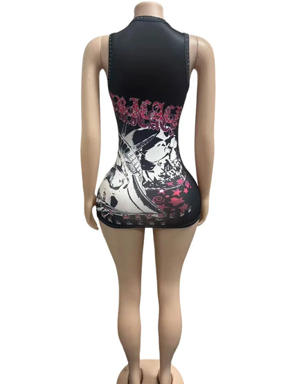 STYLISH LADY Letter Graphic Rhinestone Mini Dress Women Sleeveless Bodycon Tank Dress Gothic Streetwear Night Club Party Dresses
