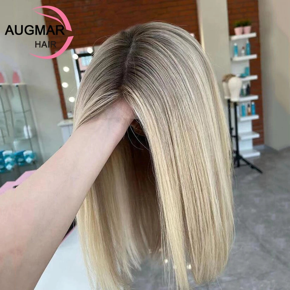 Ash Blonde 360 Lace Front Wig Brown Highlight Bob Wig Human Hair 13x6 HD Lace Frontal Wig Straight Lace Front Human Hair Wig