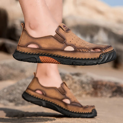 Mens Sandals New Comfortable Slip-on Casual Footwear Plus Size Elastic Soft Sole Lightweight Handmade Leather Walking Sandals