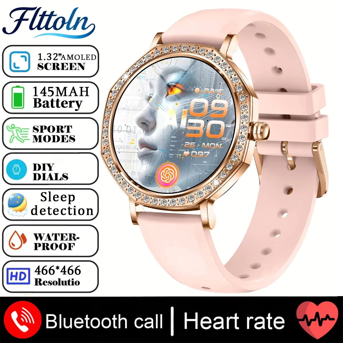2026 New Ladies' Fashion Smartwatch Diamond Frame HD AMOLED Screen Bluetooth Call Health Monitoring Waterproof Smart Watch Gift