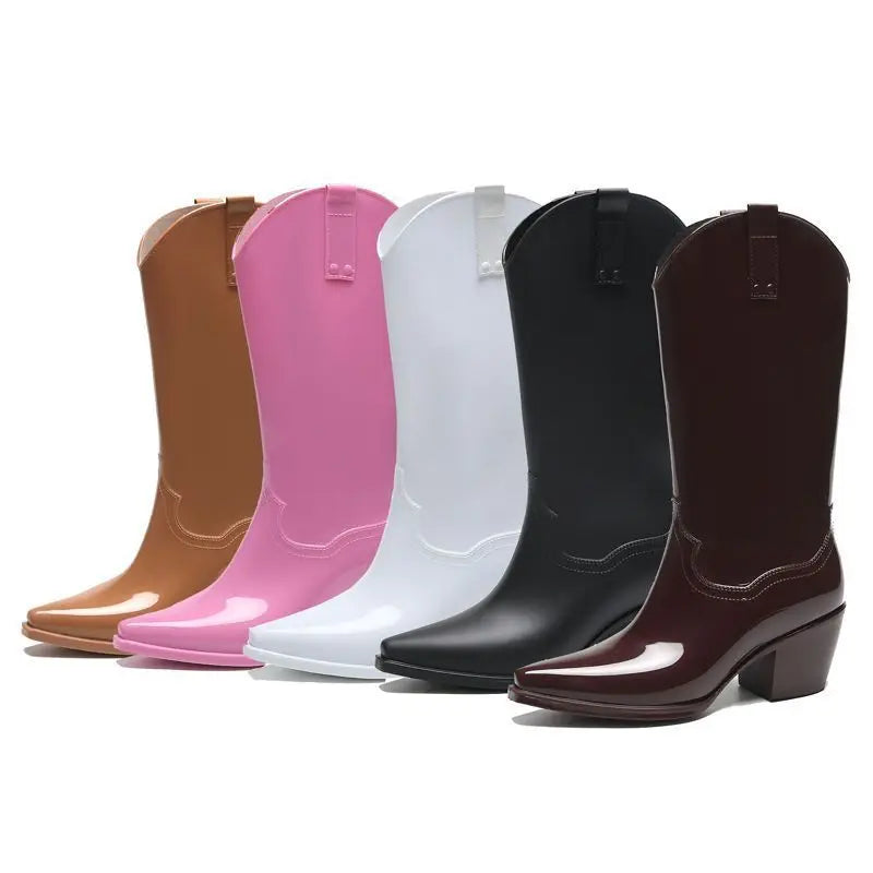 FHC Chunky High Heels Rain Boots,Women's Waterproof Mid Calf Botas,Kitchen Work Shoes,Cowboy Booties,Black,PInk,Red,Dropship