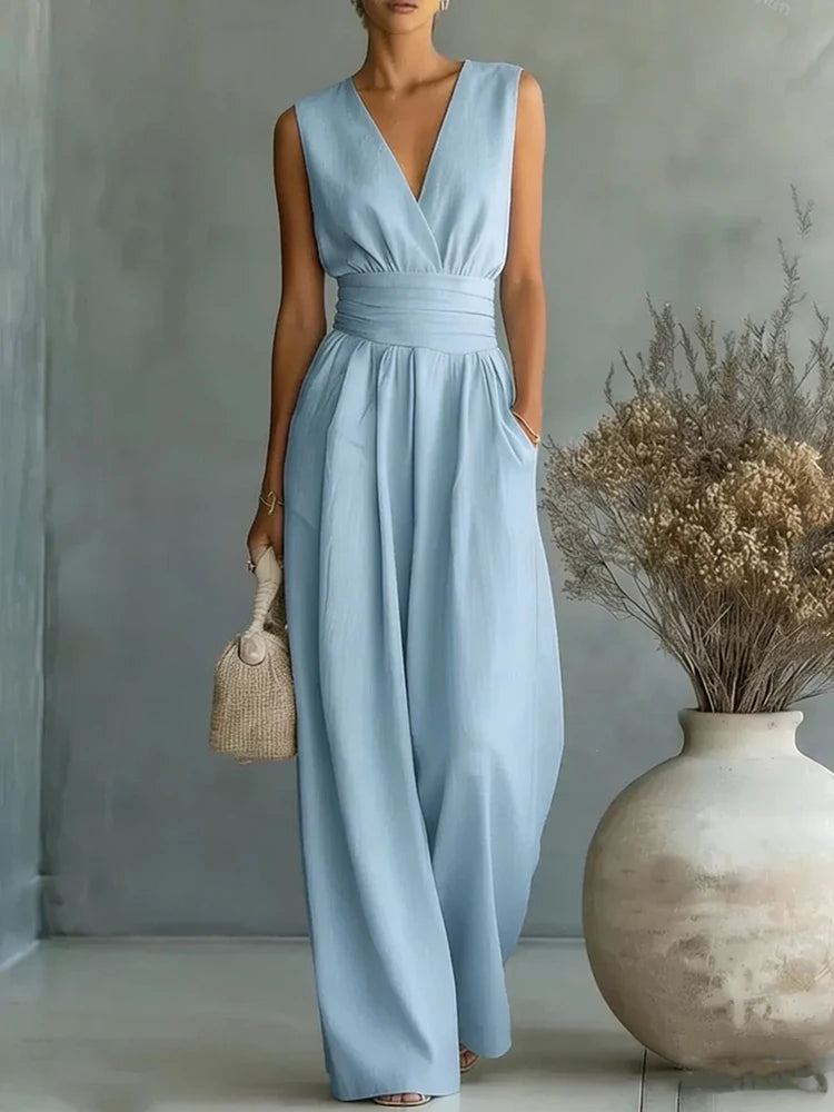 Women Elegant Linen V Neck Short Sleeve Jumpsuit Waist Cinched Wide Leg Long Pants Rompers with Pockets Casual Ladies Overalls