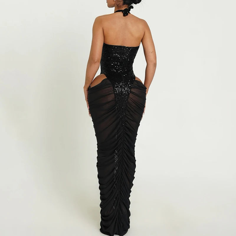 Fashionable summer backless women's long skirt sexy micro perspective sequin dress club party slim fit irregular beach skirt
