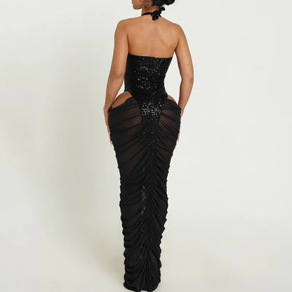 Fashionable summer backless women's long skirt sexy micro perspective sequin dress club party slim fit irregular beach skirt