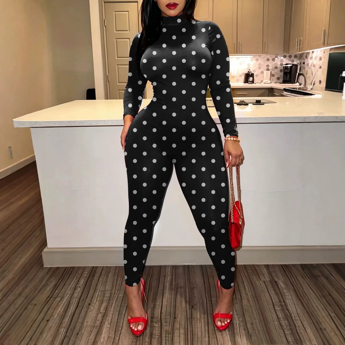Sexy Women Polka Dot Bodycon Jumpsuit High Neck Long Sleeve Slim Fit One Piece Y2K Clubwear Party Outfit