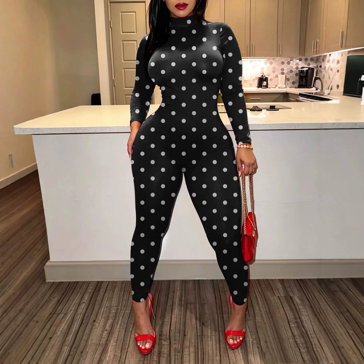 Sexy Women Polka Dot Bodycon Jumpsuit High Neck Long Sleeve Slim Fit One Piece Y2K Clubwear Party Outfit