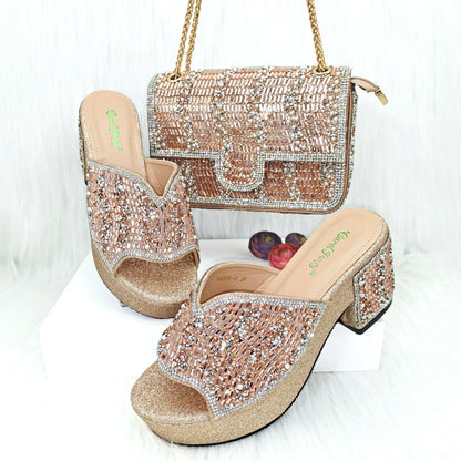 Nigeria Distinguished Green And Elegant Women's Designer High Heels And Bag Set, Fashionable Fishmouth Shoes In Nigerian Style