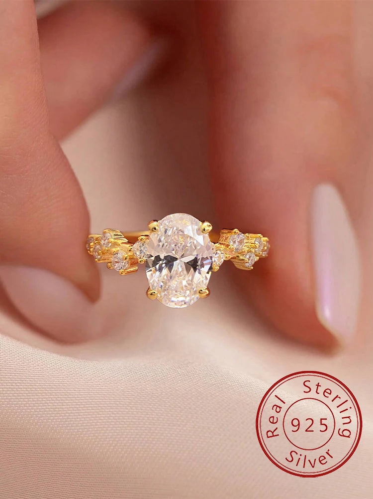 925 Sterling Silver Zircon Golden Oval Round Fashionable Ring For Women Engagement Wedding Luxury High Quality Fine Jewelry