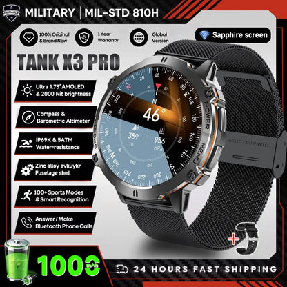 2026 New Military TANK X3 1000mAh Battery Smart Watch Men 10ATM Waterproof Swim GPS Path 1.75" AMOLED HD Call Sports Smartwatch