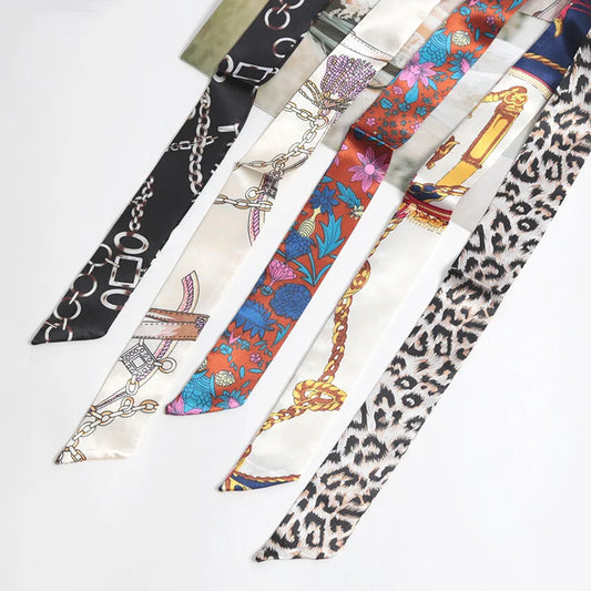 Women Print Flower Small Scarf Handle Bag Ribbons Fashion Head Scarf Small Long Skinny Scarves Headbands Tie Accessories