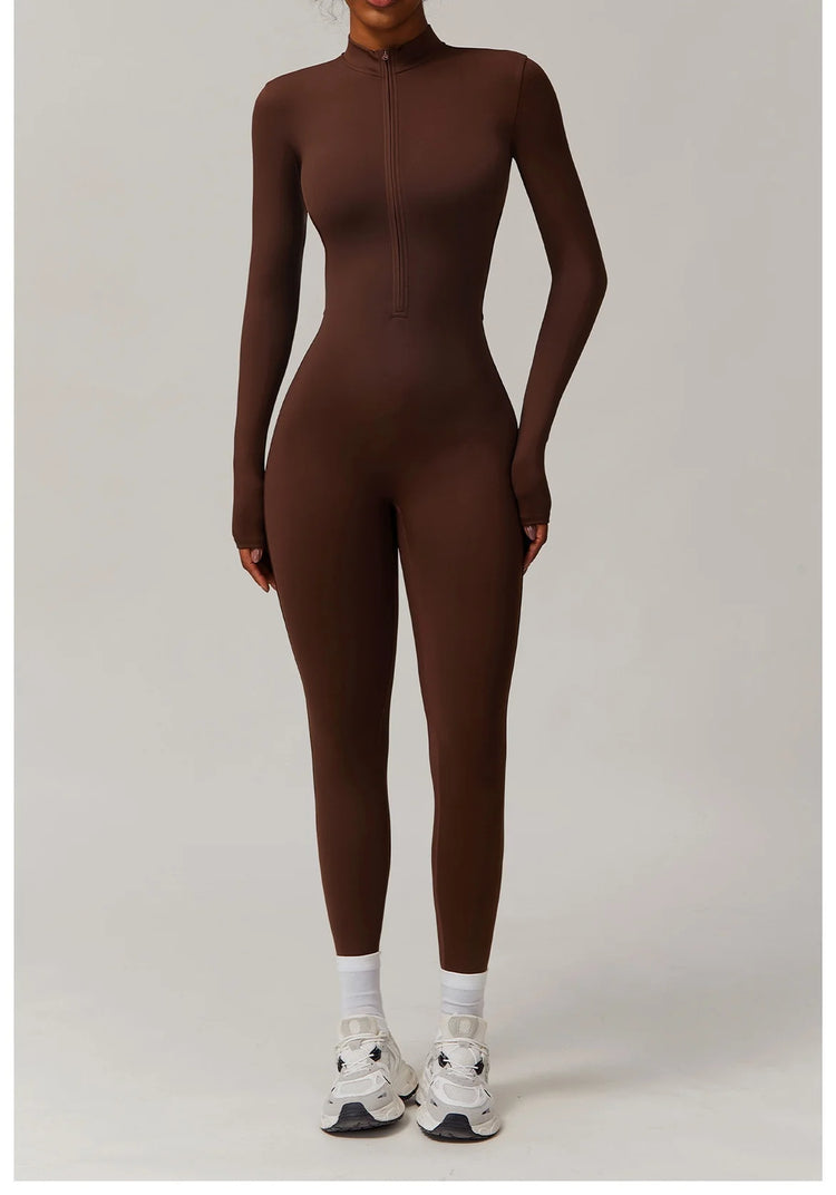 Winter Half Zip Yoga Bodysuit Women Long Sleeved Fitness Jumpsuit Sportswear Gym Clothes One-piece Running Workout Wear Rompers