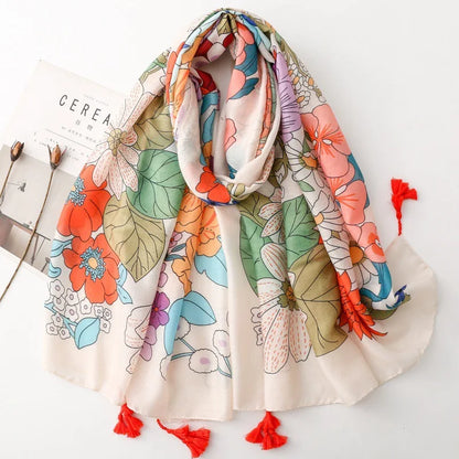 Spain Fashion Petal Floral Tassel Viscose Shawl Scarf Lady High Quality Print Soft Pashmina Stole Bufandas Muslim Hijab 180*90Cm