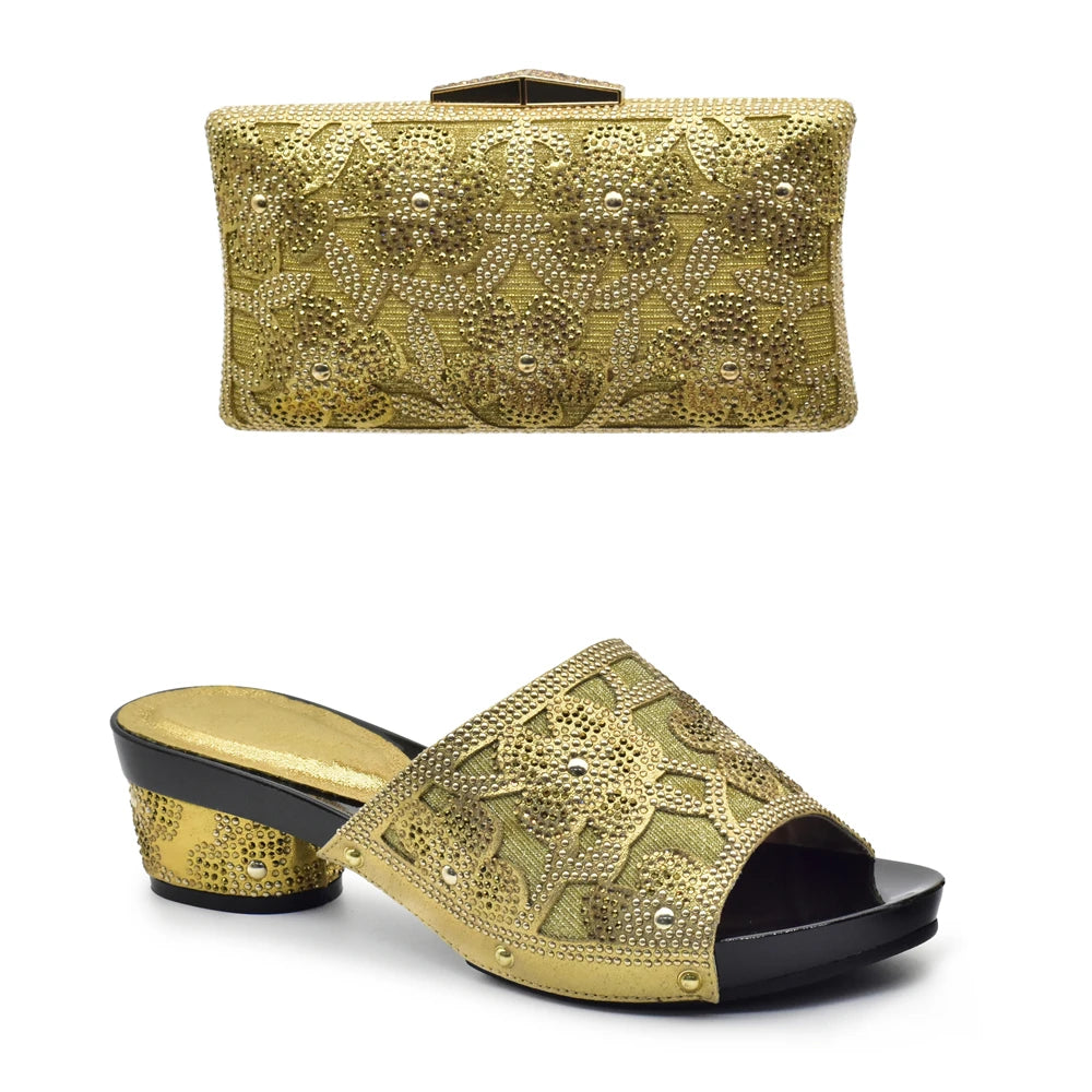 New Arrival Green Color Nigerian Shoes and Matching Bags Set Italian Ladies Shoes and Bags To Match Set Decorated with Rhinstone