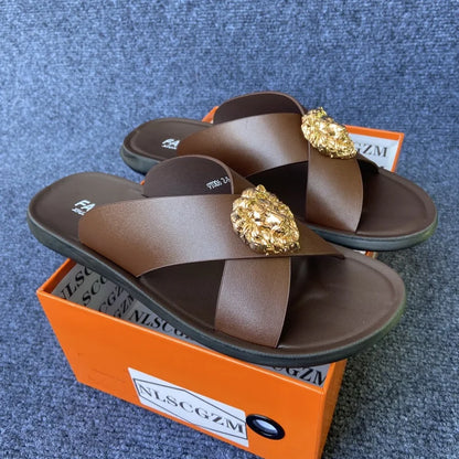 size38-48 original shoes brand summer leather slides for man black brown fashion shoes for mens slippers business beach slippers