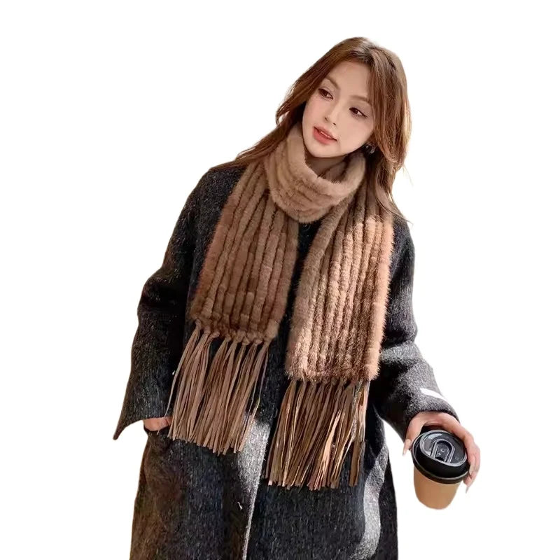 Winter new mink hair woven fur scarf long fringed warm fur scarf Korean version of women