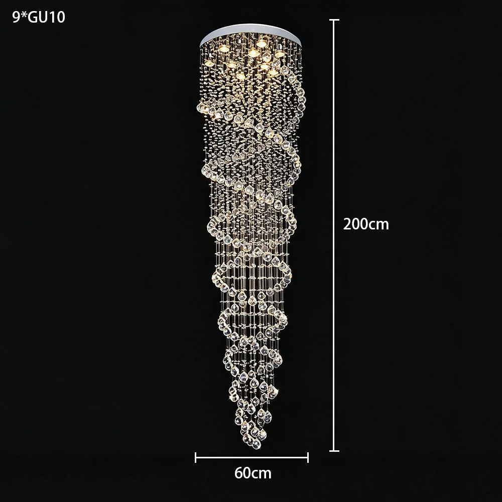 Modern Luxury Spiral Crystal Ceiling Fixture Long Cascading Crystal Design for Duplex Stairwell High Ceiling Home Lighting