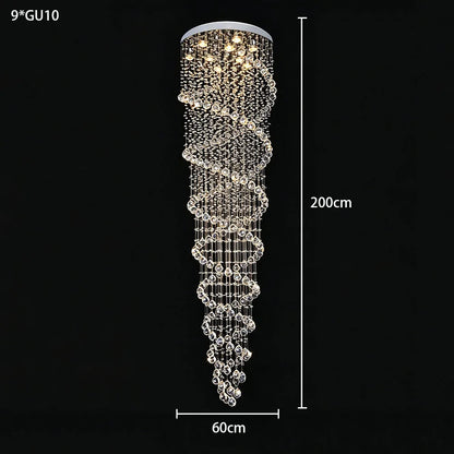 Modern Luxury Spiral Crystal Ceiling Fixture Long Cascading Crystal Design for Duplex Stairwell High Ceiling Home Lighting