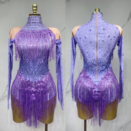 Sparkly Rhinestones Sequins Tassels Bodysuit for Women Sexy Performance Dance Costume Singer Dancer Leotard Show Stage Wear