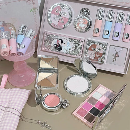 NICEKEY Makeup Kit Include 4 Matte Lipgloss,1 Face Blusher,1 Pressed Powder,1 Eyesshadow Palette,1 Contour Palette With Necklace