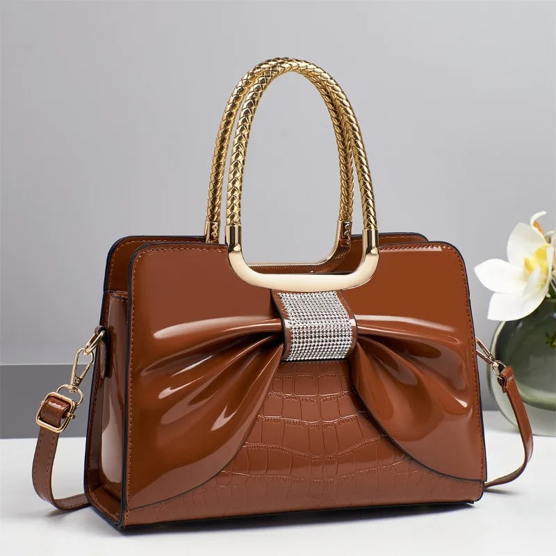 2025 New Women Luxury Designer Glossy Leather Evening Handbags Ladies Crossbody Shoulder Bag Fashion Diamond Bow Totes Bags