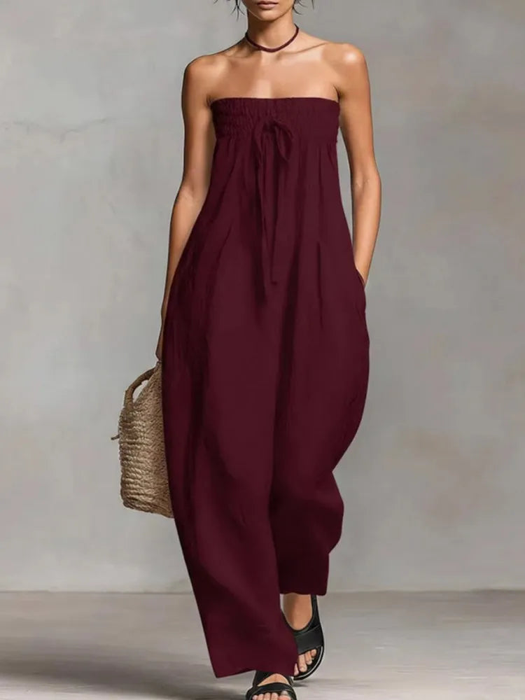 Solid Women Jumpsuits For Spring Summer Sleeveless Slash Neck Loose Fashion Streetwear Overalls Wide Leg Pants Trousers 2026