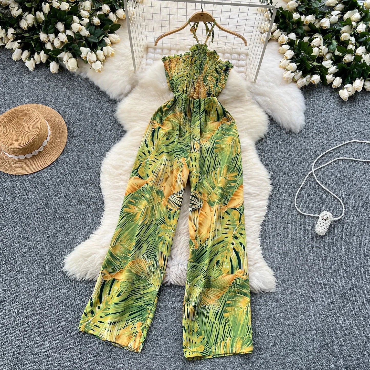 2024 New Summer Sexy Bohemian Leaf Print Jumpsuits Women Sleeveless Sexy Long Jumpsuit Mujer Casual Holiday Beach Rompers