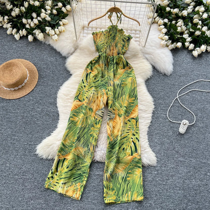 2024 New Summer Sexy Bohemian Leaf Print Jumpsuits Women Sleeveless Sexy Long Jumpsuit Mujer Casual Holiday Beach Rompers