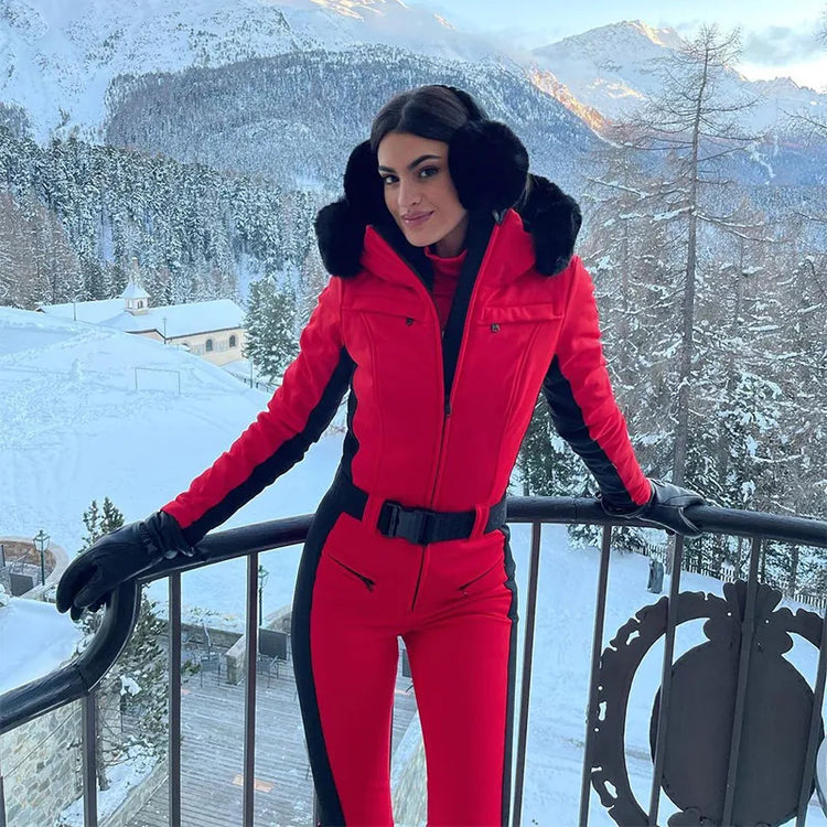 Casual Fur-Trimmed Hooded Ski Suit Women Fashion Belted Slim Full Sleeve Warm Jumpsuits Female 2026 Winter Snow Bodysuit Lady