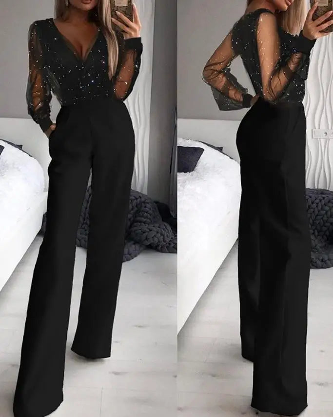Elegant Women's Jumpsuit 2022 Autumn Fashion Contrast Mesh Long Sleeve Plain V-Neck Party Long Jumpsuit