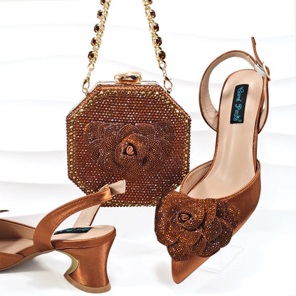 Italian Design Evening Shoes And Bag Paired With Handmade Petal Clutches Pointed Toe Mid-Heel Shoes For Women Party Shoes