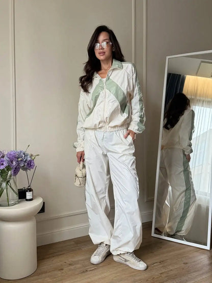 Chevron Stripe Windbreaker Tracksuit Women Casual Zip Cropped Jacket Contrast Trim Shorts Suit Lady Daily Jogging Street Outfit