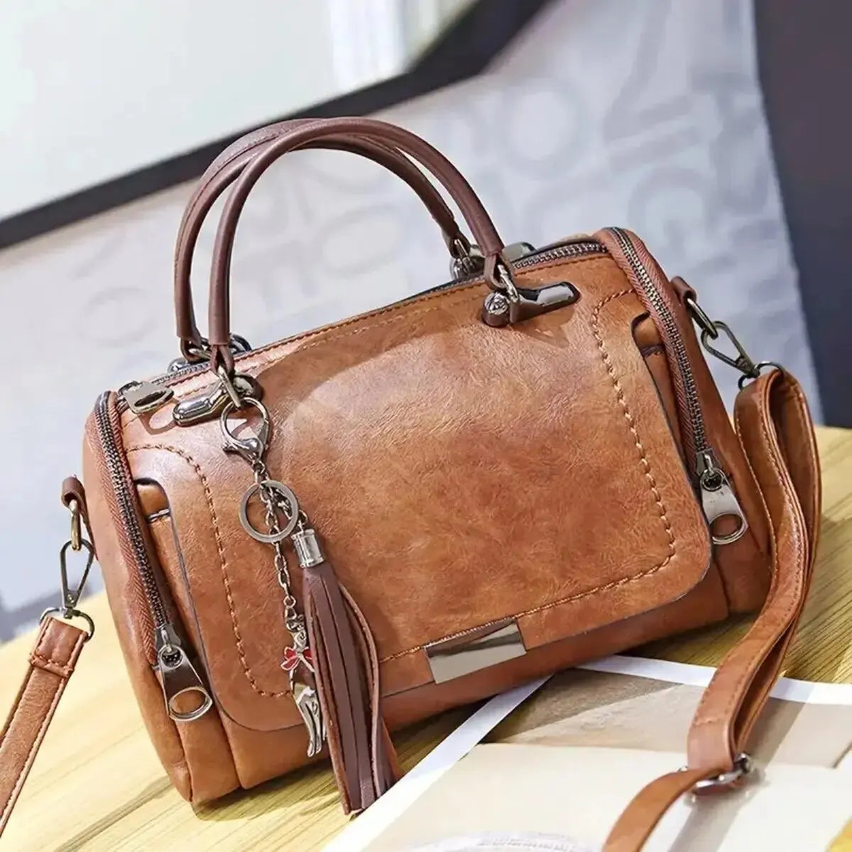 Tassel Decor Handbag, Women's Large Capacity Shoulder Bag, Fashion Zipper Crossbody Bag With Removable Strap