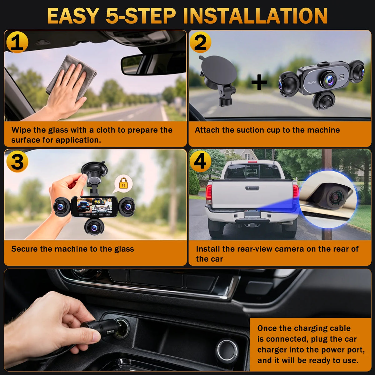 BCUOZ 5-Lens 360° Dashcam 1080P Front 720P Rear Left Right Car Cameras 360° Car Video Recorder Black Box Super Night Vision Loop Recording G-Sensor WDR 12-24V Plug Power Supply Optional 64GB Memory Card
