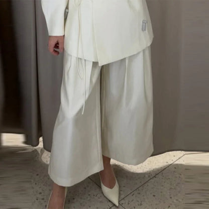 Elegant Women's Lace Up Shirt Pant Sets 2026 Summer V-neck Long Sleeve Top High Waist Loose Wide Leg Pant Two Piece Set Women