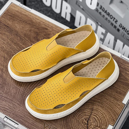 Mens Sandals Summer Handmade Leather Daily Wear Fashionable Walking Shoes Breathable Odor Proof Casual Loafers Plus Size Male
