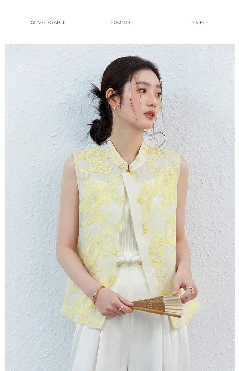 VIMLY Women's Vest 2026 Summer Casual Yellow Floral Embroidery Stand Collar New Chinese Style Sleeveless Jacket Ladies A5251