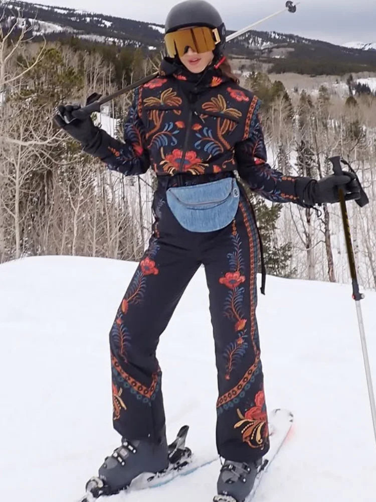 Floral Print One Piece Ski Suit Fashion Hooded Waterproof Thermal Snowboard Jumpsuit 2026 Winter Outdoor Windproof Snow Outfit