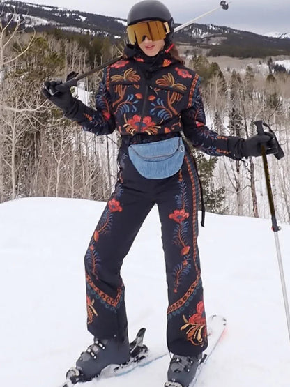 Floral Print One Piece Ski Suit Fashion Hooded Waterproof Thermal Snowboard Jumpsuit 2026 Winter Outdoor Windproof Snow Outfit
