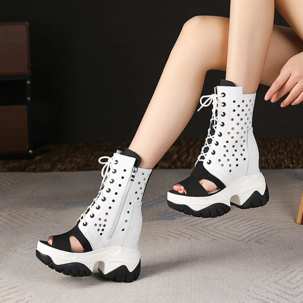 Women's Peep Toe Wedge Boots Summer Hollow Out Lace Up Side Zipper Platform Wedge Heel Breathable Fashion Retro Casual Shoes
