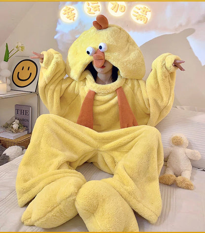 Women Onesies Little Yellow Chicken One-piece Pajamas Flannel Cute Funny Girls Homewear Cartoon Jumpsuit Couple Bestie Sleepwear
