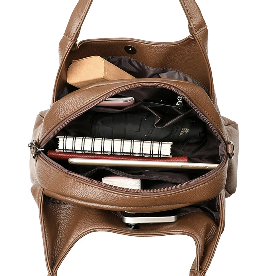 New Ladies Soft Leather Handbag Large Capacity Single Shoulder Bag Retro Solid Color Mom Bolsa Luxury Cross-Border Style Bags