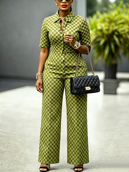 Modigirl Women Checkerboard Print Jumpsuit Lapel Collar Short Sleeve High Waist Wide Leg Rompers Casual Streetwear Jumpsuits