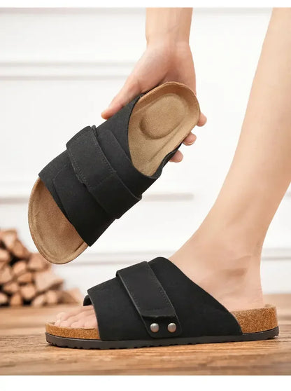 Cork Slippers Men Summer Beach Slides Suede Leather Womens Flat Sandals Fashionable Outdoor Male Mules Non Slip Babouche Femm